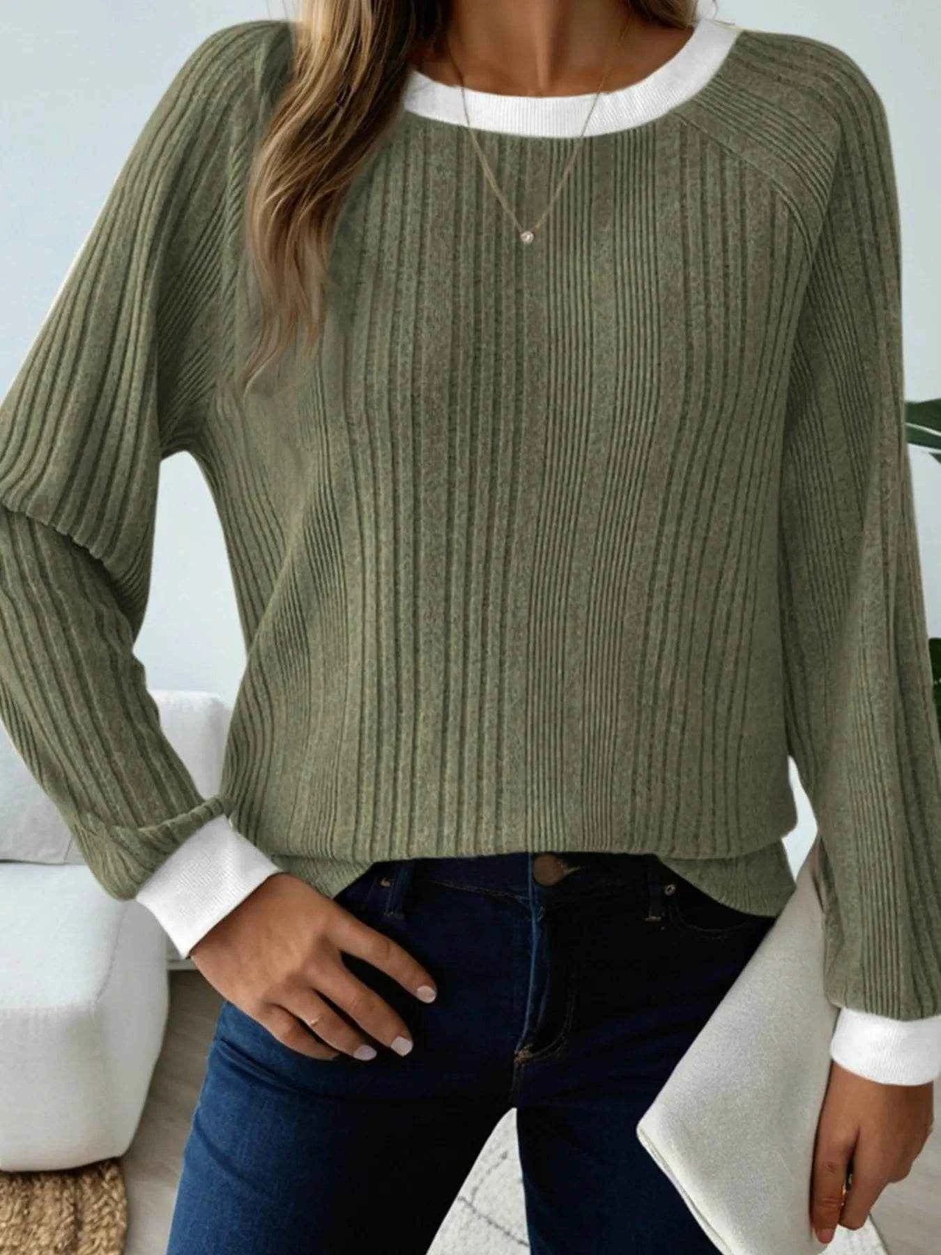Ribbed Contrast Cuffed Round Neck Long Sleeve T Shirt Trendsi 089e5b235b5a41ac8eda1d5beaa7e223-Max-Origin
