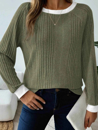 Ribbed Contrast Cuffed Round Neck Long Sleeve T Shirt Trendsi 089e5b235b5a41ac8eda1d5beaa7e223-Max-Origin