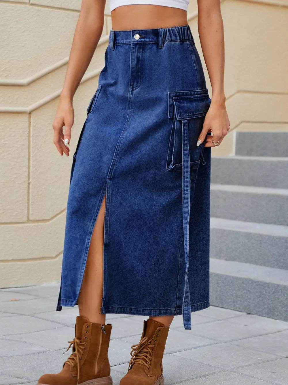 Slit Pocketed High Waist Denim Skirt Trendsi 08b0da83-697e-4c0e-9eb0-9109e98db962-Max