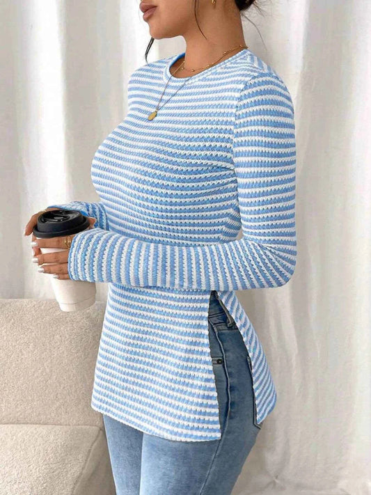 Side Slit Striped Long Sleeve T-Shirt Trendsi 08b3d5c7d5bc441fb4c191848a187fba-Max-Origin