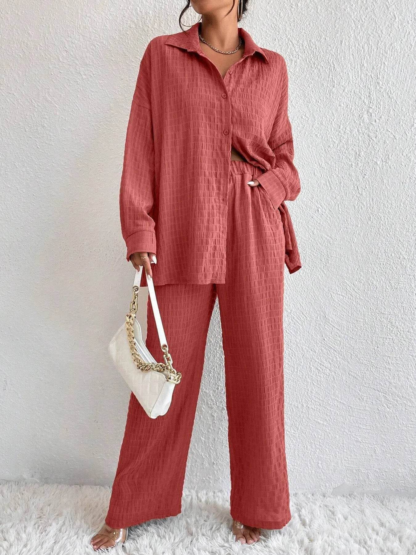 Button Up Long Sleeve Shirt and Pants Set Burnt Coral Trendsi 08c489d8215e4524ad7479b1f7a4a4b9-Max-Origin