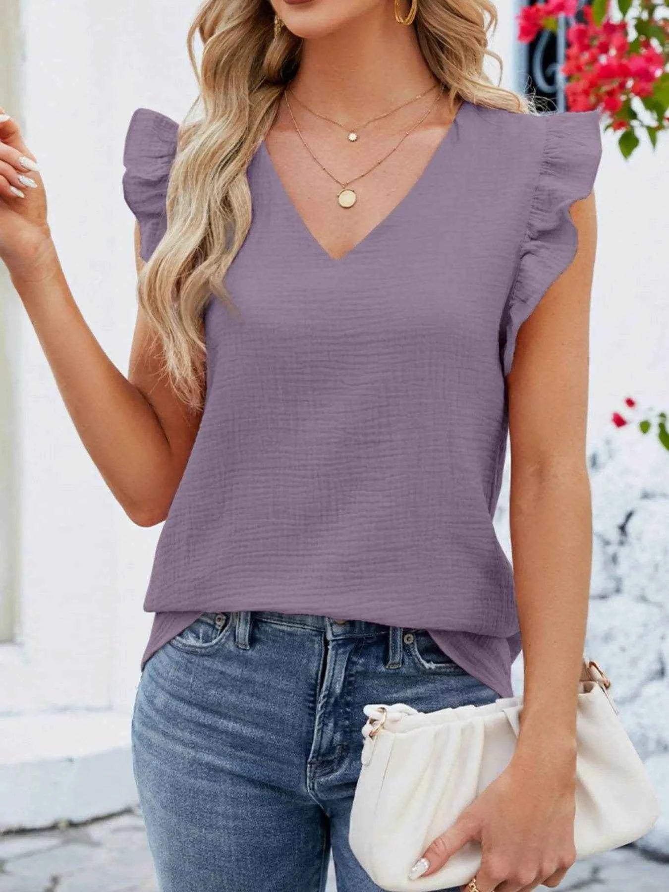 V-Neck Ruffled Sleeve Top Trendsi 08d26b4b-1d03-43c3-9be6-27c35e6b8b9a-Max-Origin