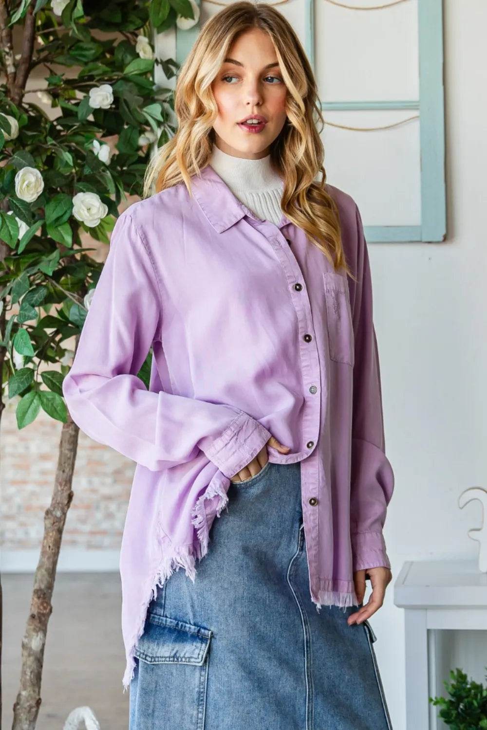 Veveret Raw Hem Button Up Long Sleeve Shirt Trendsi 08dcffeb-36f4-48f4-a3b1-27cbefde3af5-Max