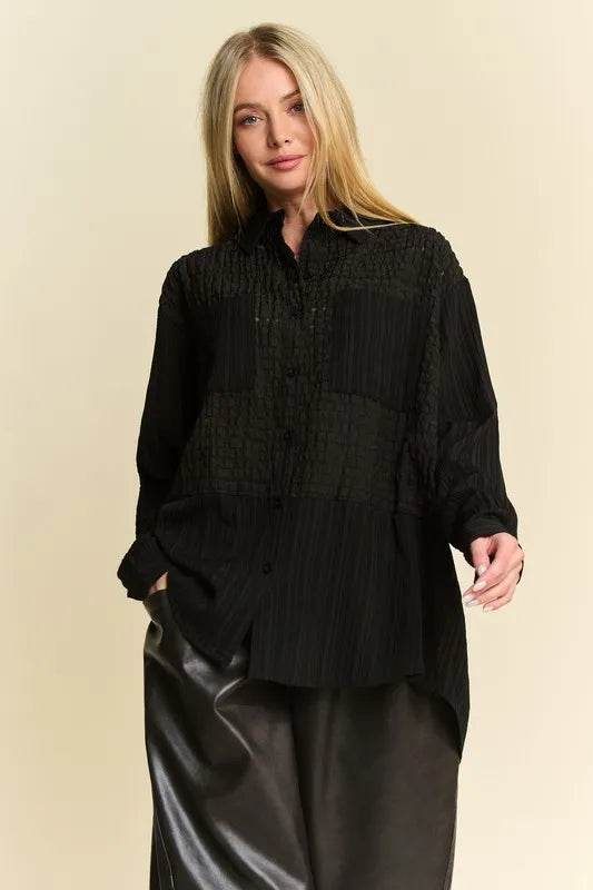 Davi & Dani Crinkled Jacquard Button Down Shirt Black Trendsi 09110706-f1bc-4dca-b353-6f05382a0d03-Max