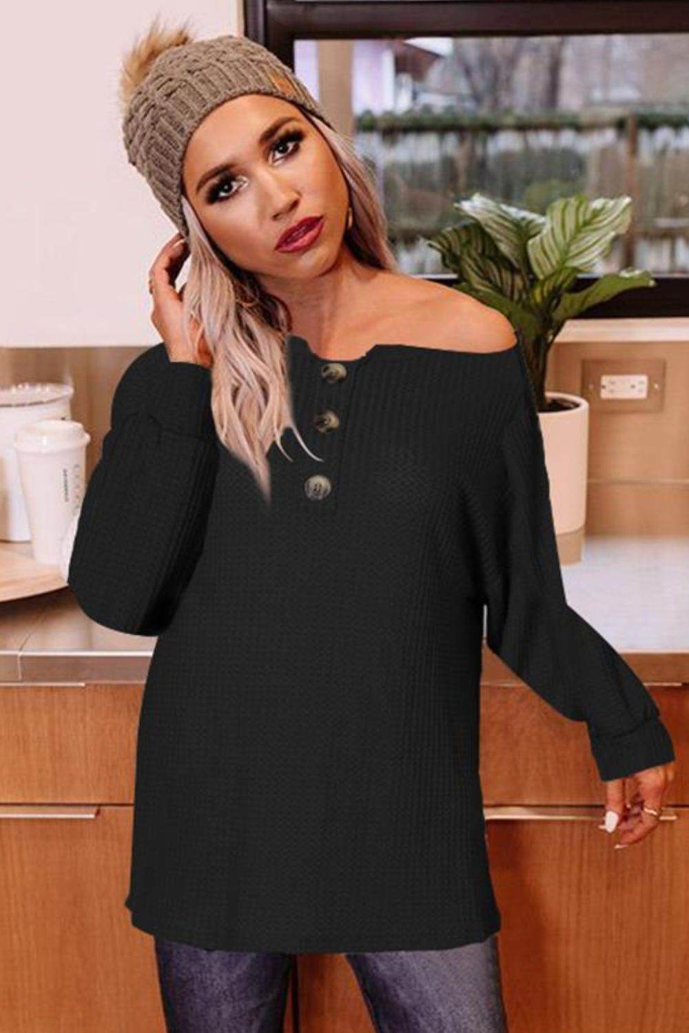 Buttoned Boat Neck Long Sleeve Blouse Black Trendsi 0917e76353c144f69390267a6270f29f-Max