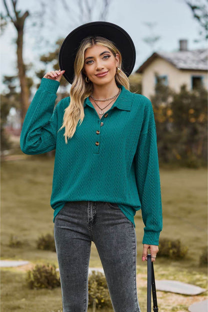 Collared Neck Long Sleeve Blouse Turquoise Trendsi 091a20819b9d483eaba735390bfea2b3-Max