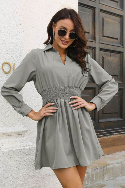 Johnny Collar Smocked Waist Long Sleeve Mini Dress Trendsi 09210d751099467e9bdda49ad78fb610-Max