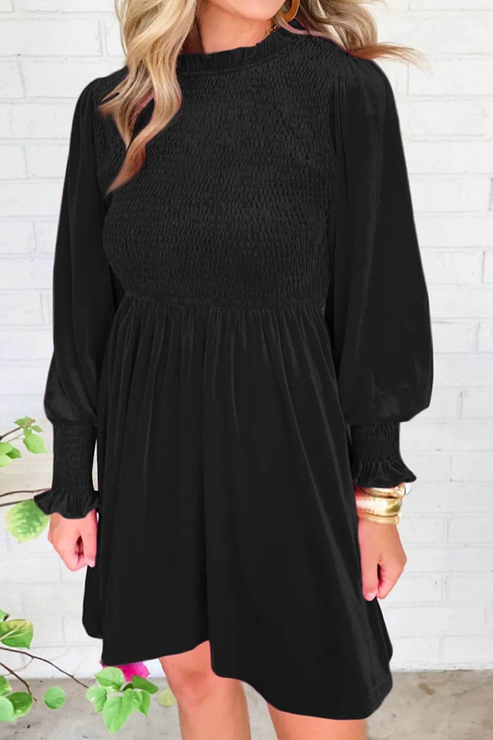 Smocked Round Neck Long Sleeve Dress Trendsi 09434ab62f2f4acaab0884cff710f884-Max