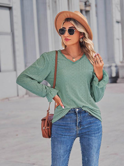 Eyelet V-Neck Flounce Sleeve Blouse Trendsi 0943963c5a8b4be0b53e19072d219858-Max