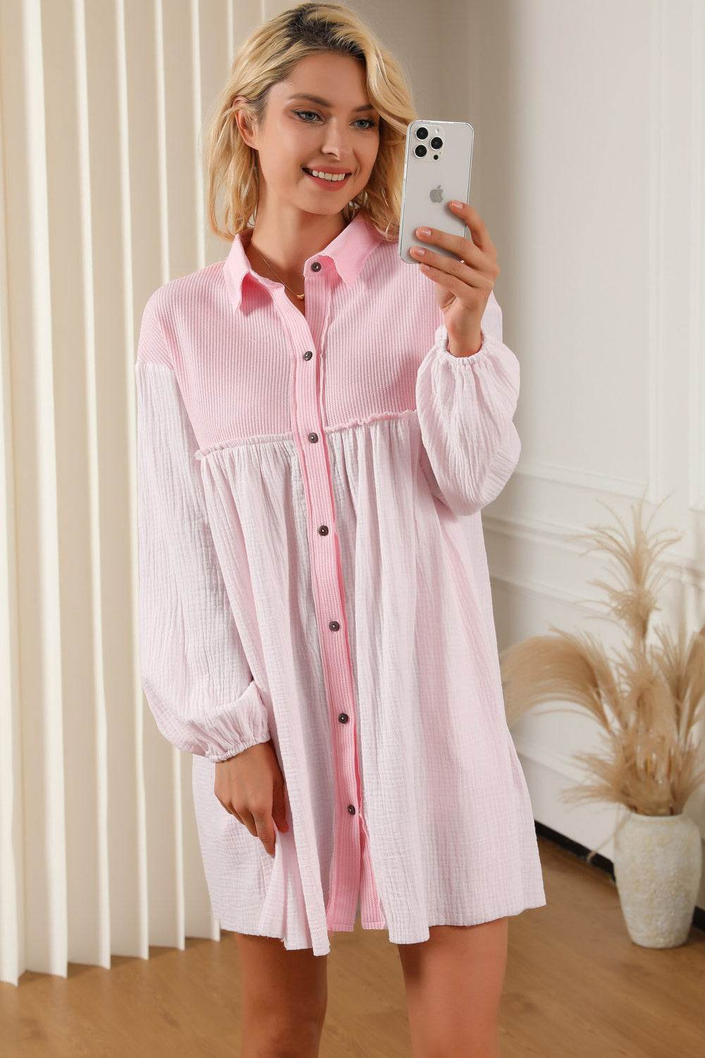 Buttoned Collared Neck Dropped Shoulder Mini Dress Trendsi 094a62775cca411a8c118a4bd009603b-Max
