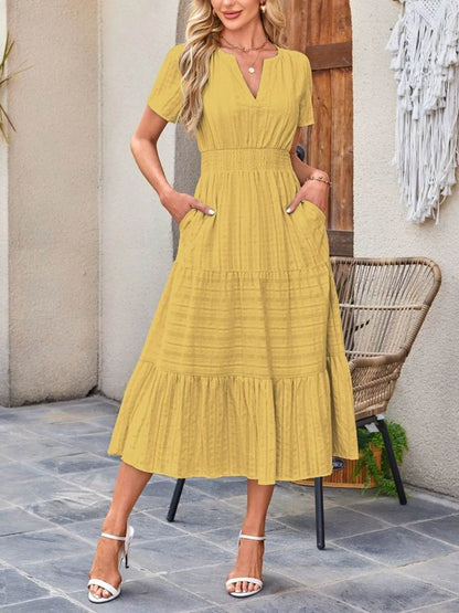 Tiered Notched Short Sleeve Dress Chartreuse Trendsi 094c0162-b1b1-4ad4-b67c-70402e68095b-Max-Origin