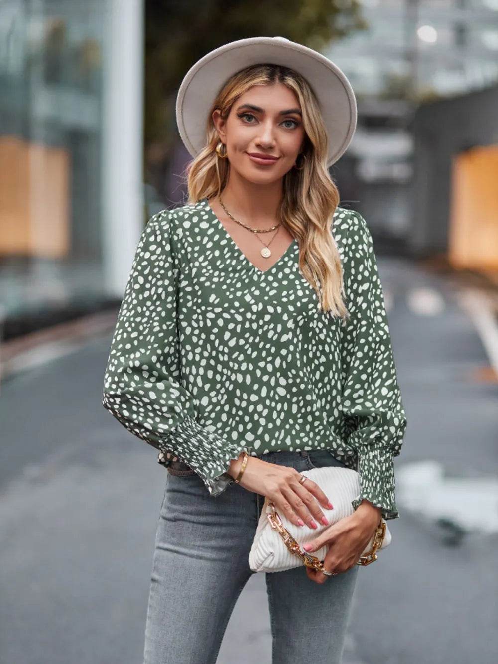 Printed V-Neck Lantern Sleeve Blouse Trendsi 09796048bb2e46ec933f508350aa5f7e-Max