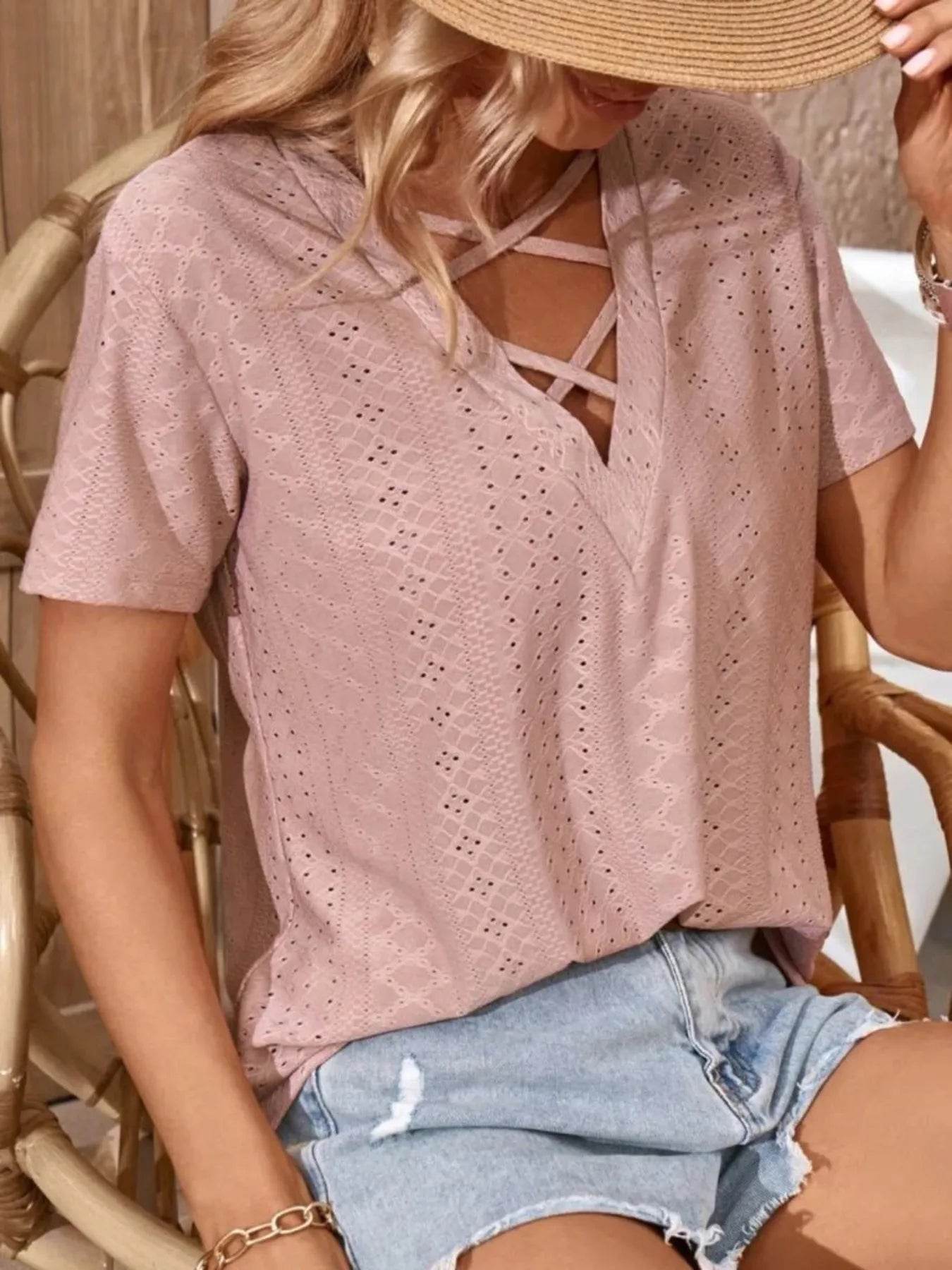 Eyelet Crisscross Short Sleeve T-Shirt Pink Trendsi 09894943b4a644d89391a44dfc69c989-Max-Origin