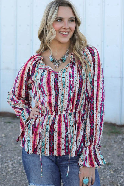 Multicolour Western Print Split Neck Peplum Blouse Trendsi 099a04d43a974f6bbb2fe8776a1775cf-Max