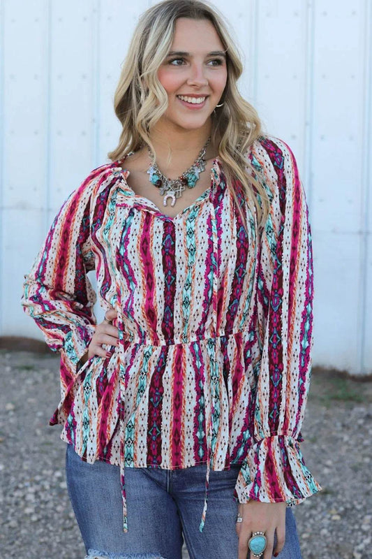 Multicolour Western Print Split Neck Peplum Blouse Trendsi 099a04d43a974f6bbb2fe8776a1775cf-Max
