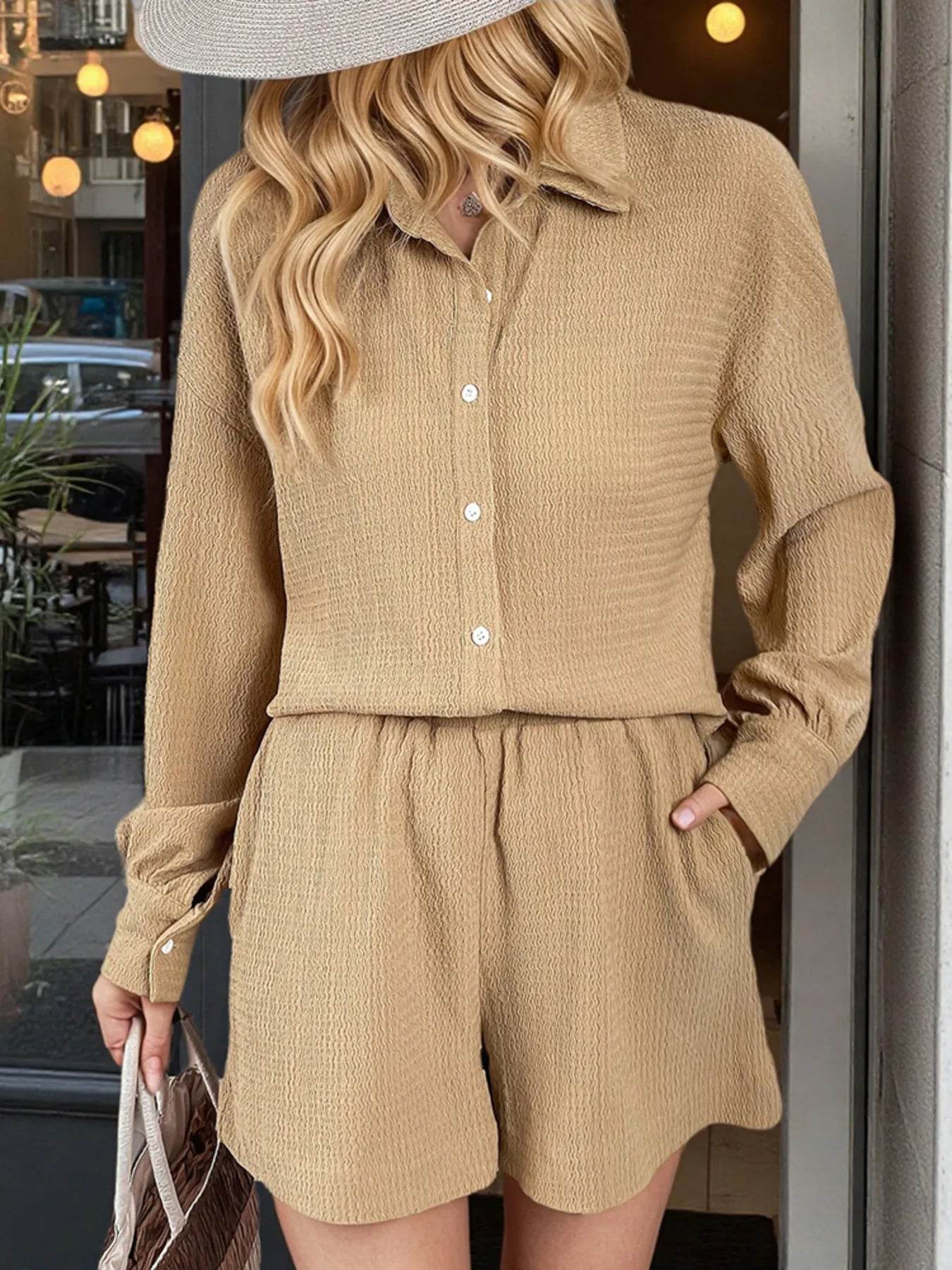 Button Up Long Sleeve Shirt and Shorts Set Trendsi 09c4ea9ccae04d23884637ade13b23ec-Max-Origin