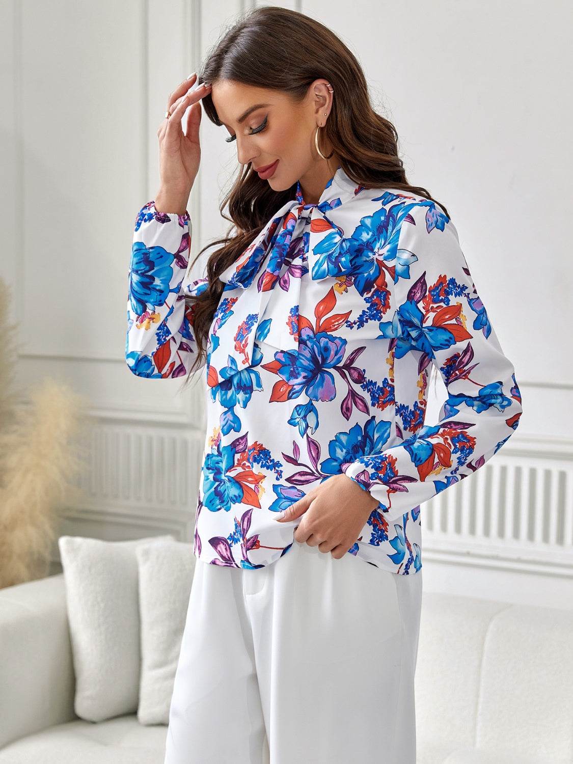 Floral Tie Neck Long Sleeve Blouse Trendsi 09c809aed1da4cbea35c94e55f0a2dec-Max