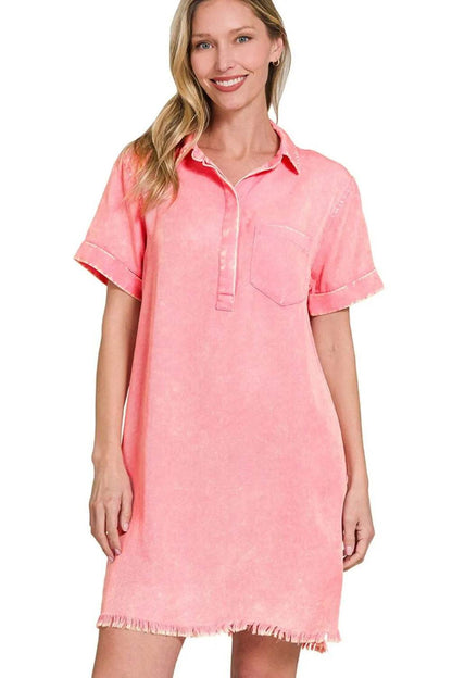 Zenana Tencel Mineral Washed Collared Shirts Dress DK PINK Trendsi 09db3a93-b880-4a35-b346-b27abc947dc9-Max-Origin