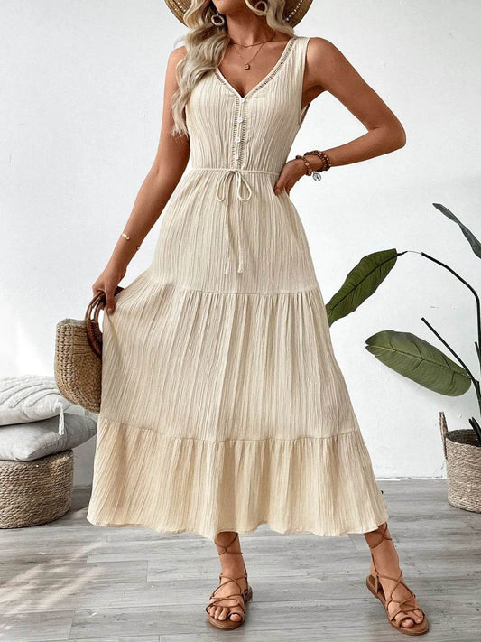 Decorative Button V-Neck Sleeveless Midi Tank Dress Tan Trendsi 09edf98f-5b0d-4cb2-b707-ac4157003eec-Max-Origin