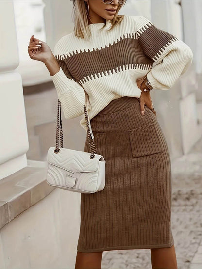 Two-Tone Ribbed Knit Top and Skirt Sweater Set Brown Trendsi 0a1478493b99477c9db2b3053e8ba2a9-Max-Origin