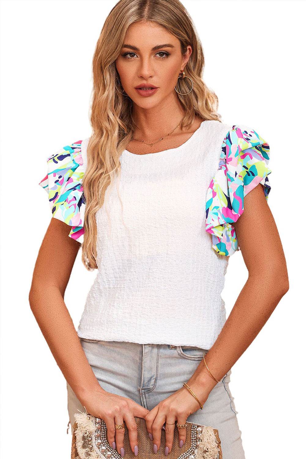 Multicolored Flutter Sleeve Round Neck Blouse Trendsi 0a243674b007400ab0be3f08b6e17dfe-Max