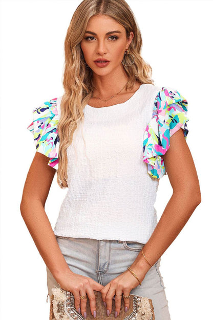 Multicolored Flutter Sleeve Round Neck Blouse Trendsi 0a243674b007400ab0be3f08b6e17dfe-Max