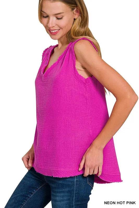 Zenana Double Gauze Raw Edge V-Neck Tank Trendsi 0a2c47d77fc24b84947cf8fd4f7ceef6-Max-Origin
