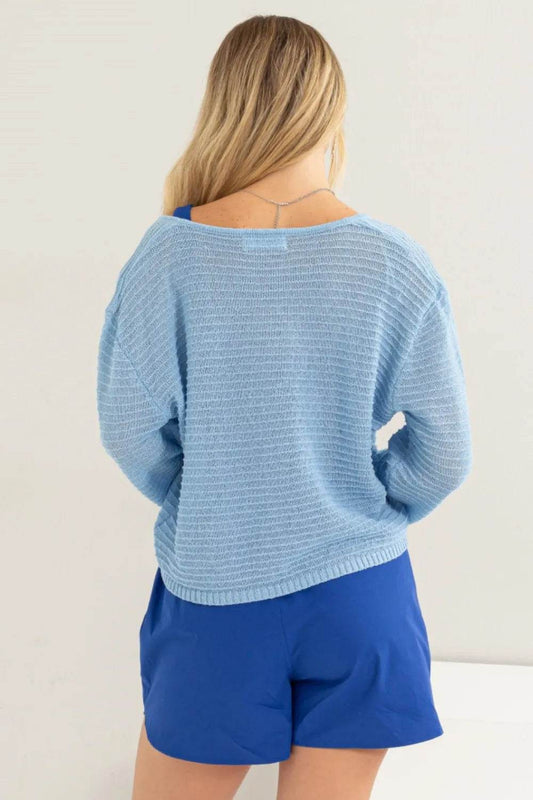 HYFVE V-Neck Stripe Texture Long Sleeve Top Trendsi 0a35f1df-1dbf-496d-93c2-3bd697ed6040-Max