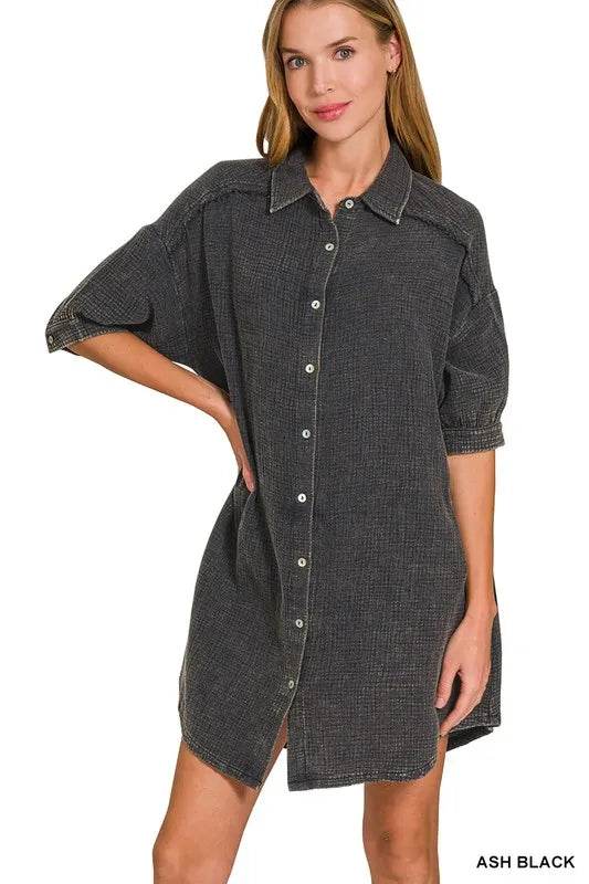 Zenana Washed Double Gauze Button Down Shirt Dress ASH BLACK Trendsi 0a44dc674d654f6f88a725624e127ea9-Max-Origin