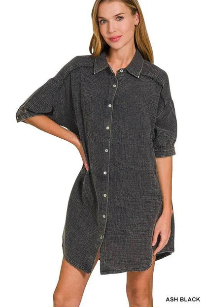 Zenana Washed Double Gauze Button Down Shirt Dress ASH BLACK Trendsi 0a44dc674d654f6f88a725624e127ea9-Max-Origin