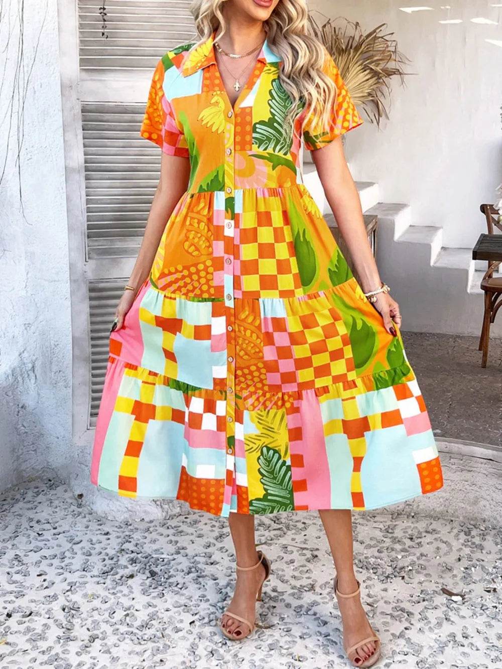 Devine Printed Johnny Collar Button Down Short Sleeve Midi Shirt Dress Trendsi 0a4bc9b8-2263-43ef-8731-2e0f6aefa152-Max