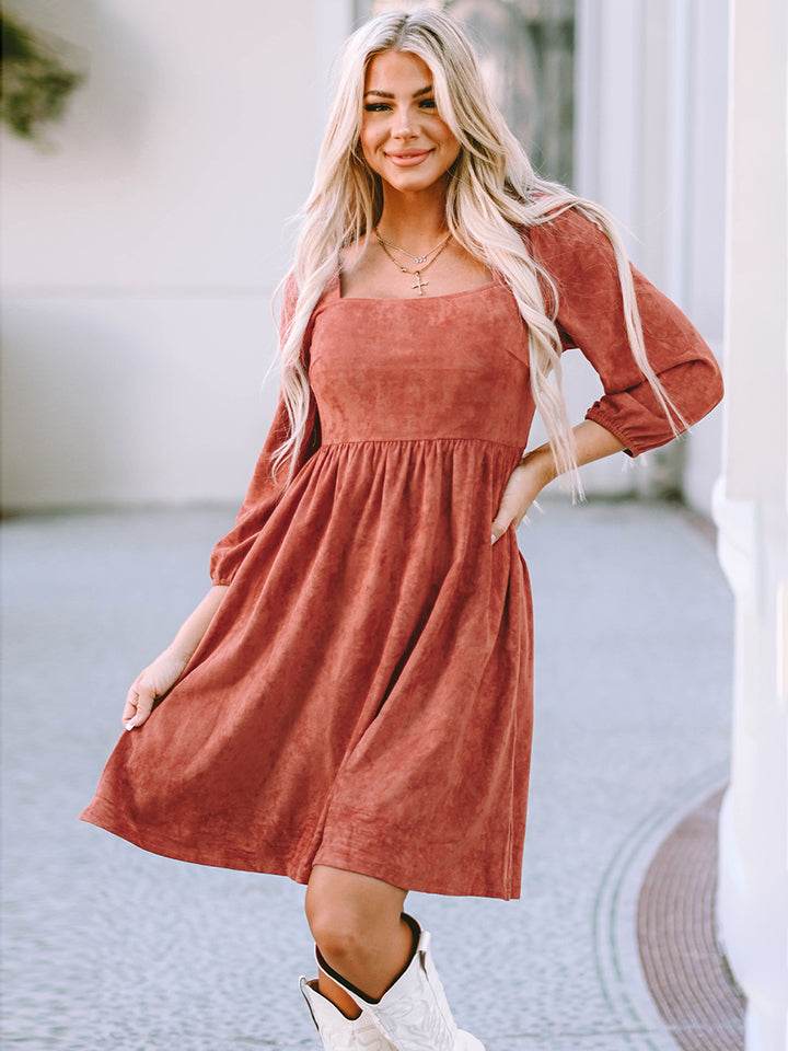 Square Neck Three-Quarter Sleeve Mini Dress Caramel Trendsi 0b0d7cf66b65487dadbfed6a8c969e23-Max