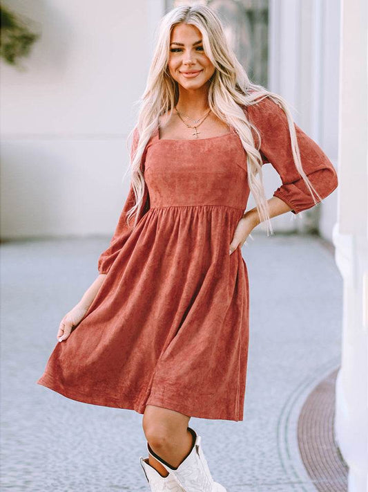 Square Neck Three-Quarter Sleeve Mini Dress Caramel Trendsi 0b0d7cf66b65487dadbfed6a8c969e23-Max