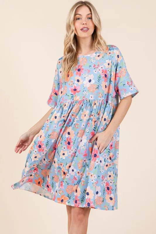 BOMBOM Floral Shirred Dress with Pockets Trendsi 0b18b6c676e34e64989130b84a74ba5b-Max-Origin