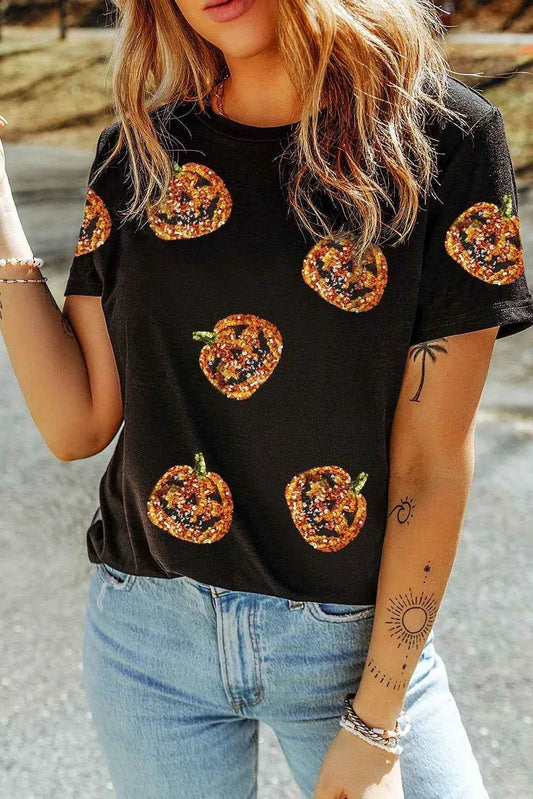 Sequin Pumpkin Round Neck Short Sleeve T-Shirt Black Trendsi 0b31a8b9-fb93-4d92-bf14-36d7f1f631eb-Max
