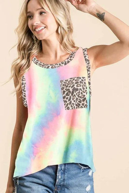 BiBi Sleeveless Tie Dye Top With Leopard Band Trendsi 0b436dd5944540cea192815b9377db5e-Max-Origin