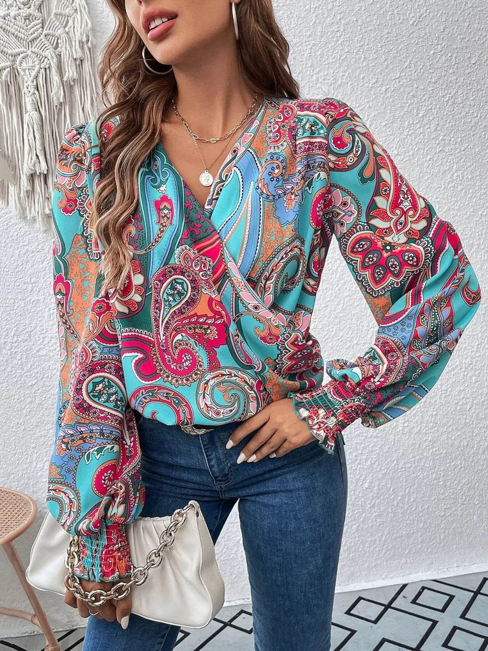 Printed Surplice Smocked Lantern Sleeve Blouse Floral Trendsi 0b577aa6ba154255bbc21759fb57dfc2-Max