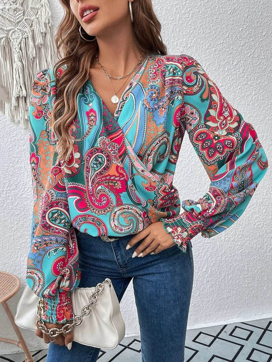 Printed Surplice Smocked Lantern Sleeve Blouse Floral Trendsi 0b577aa6ba154255bbc21759fb57dfc2-Max