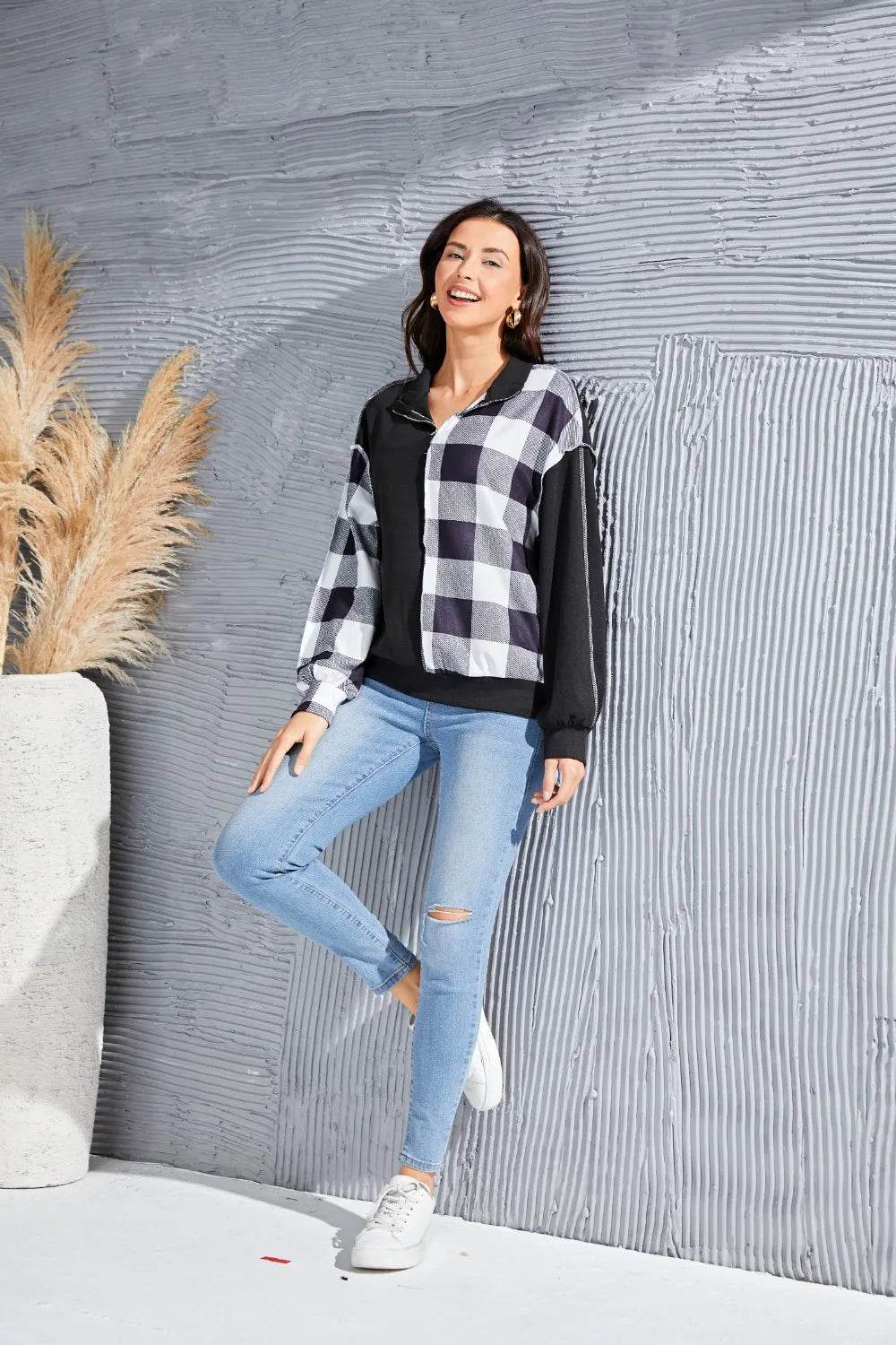 Plaid Exposed Seam Long Sleeve Blouse Trendsi 0b6c5725-86e9-4b3f-9489-8f755e29775e-Max