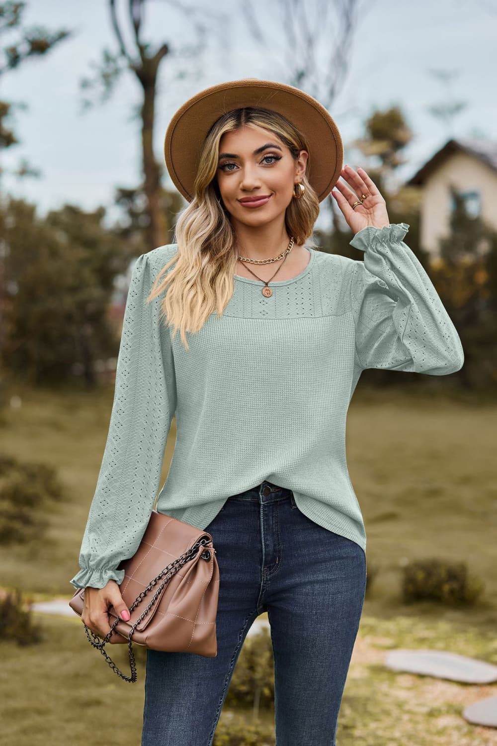 Round Neck Puff Sleeve Blouse Sage Trendsi 0b84ae1c49894ad7ba0c619b58f069e1-Max