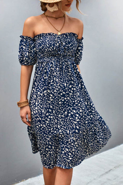 Ditsy Floral Smocked Frill Trim Off-Shoulder Dress Dark Blue Trendsi 0b8d68428e2a4804a10247e4933c3c7a-Max