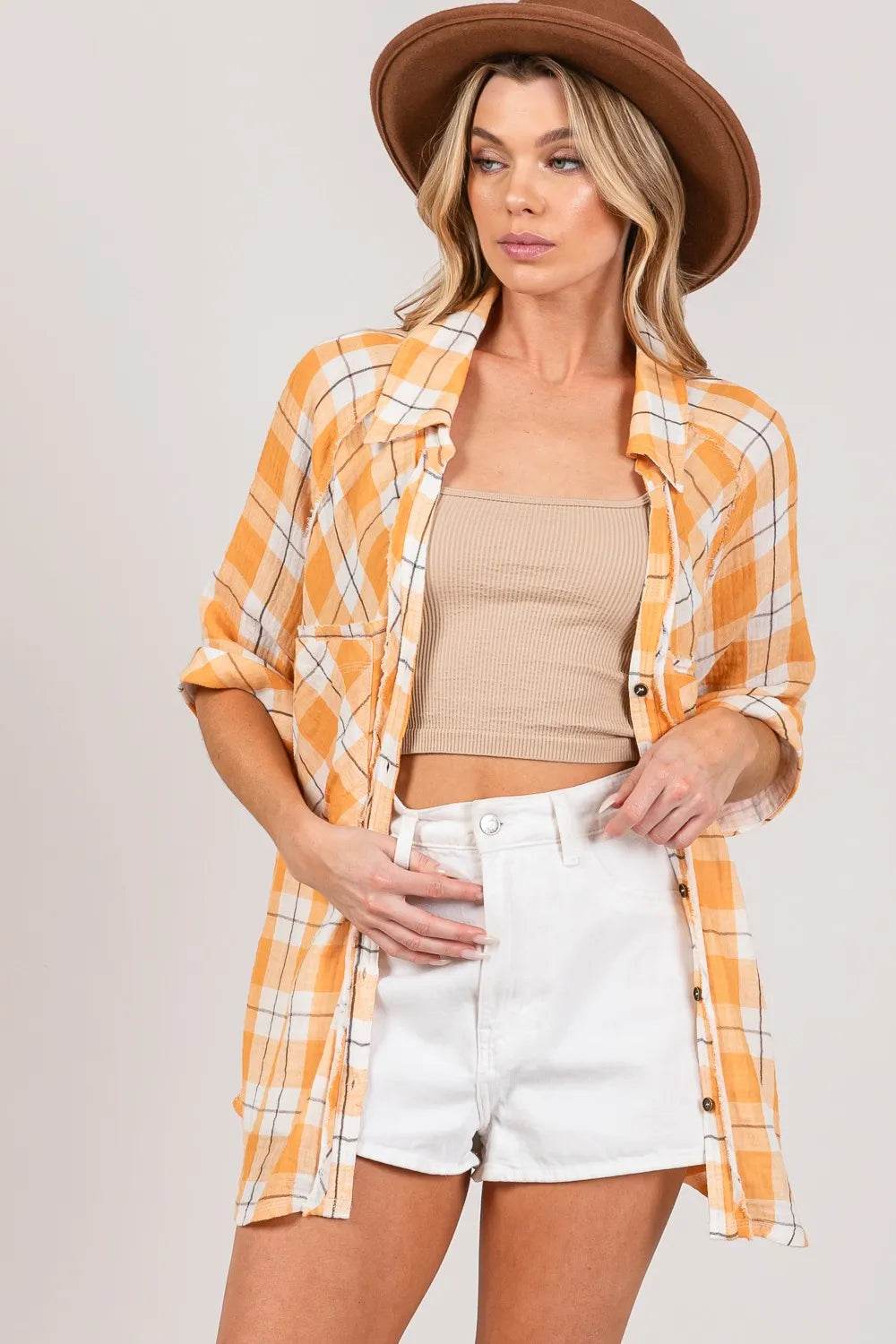 SAGE + FIG Plaid Button Up Side Slit Shirt Trendsi 0b9570ad-990f-4c4f-b754-81af5be23d6f-Max