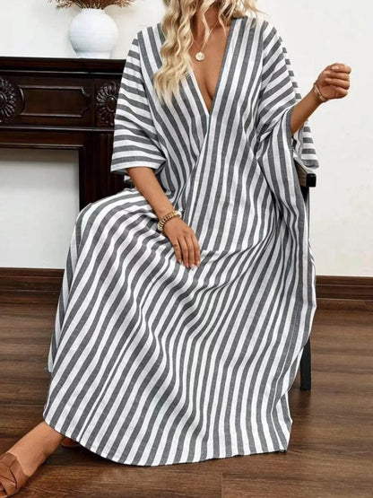 Striped V-Neck Maxi Dress Dark Gray Trendsi 0ba265064dc940a9ae49cc5e3338042c-Max-Origin