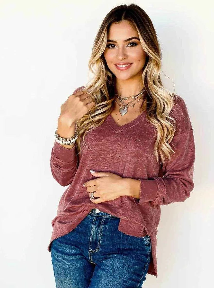 V-Neck Casual Long Sleeve T-Shirt Dusty Pink Trendsi 0ba585ca-7855-455c-a417-cd397cbf4a81-Max-Origin