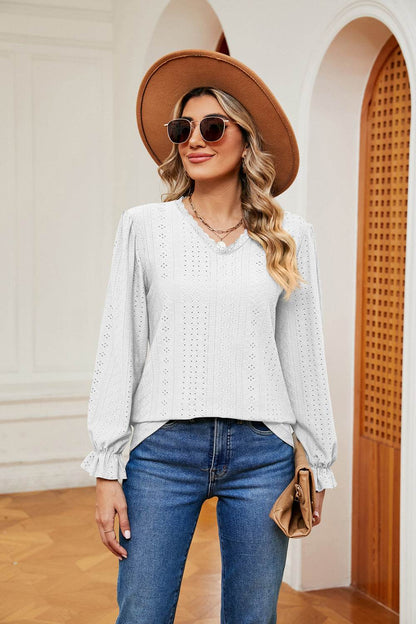 V-Neck Flounce Sleeve Blouse Trendsi 0bb4b69daae94f149620d78df144c102-Max