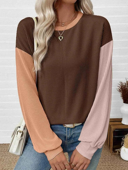 Color Block Ribbed Long Sleeve T-Shirt Coffee Brown Trendsi 0bcd9b7f-0dc6-4949-867e-fe1b862a0287-Max-Origin
