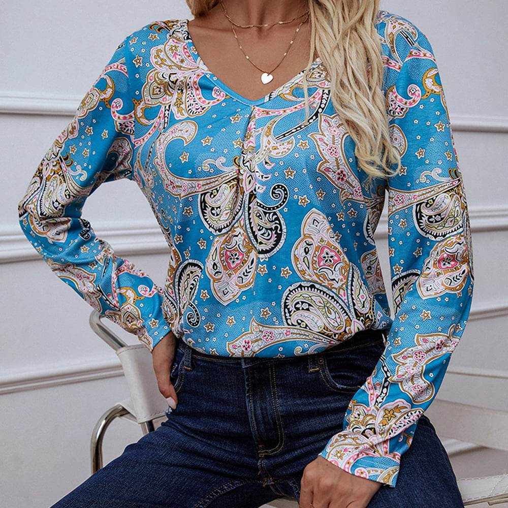Shiny Printed V-Neck Long Sleeve Blouse Trendsi 0bfe080075134588bf7a972e8ffb5b3c-Max