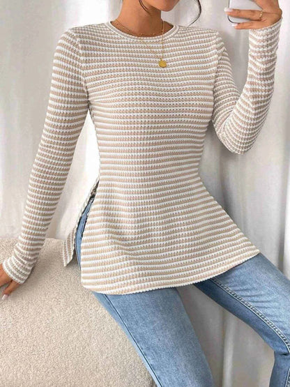 Side Slit Striped Long Sleeve T-Shirt Trendsi 0c0e2876038640efb104a718437b58b6-Max-Origin