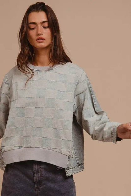 BiBi Mineral Washed Checkered Round Neck Denim Top Trendsi 0c133238-9d7f-46fd-9e95-c73b0bd9ef66-Max
