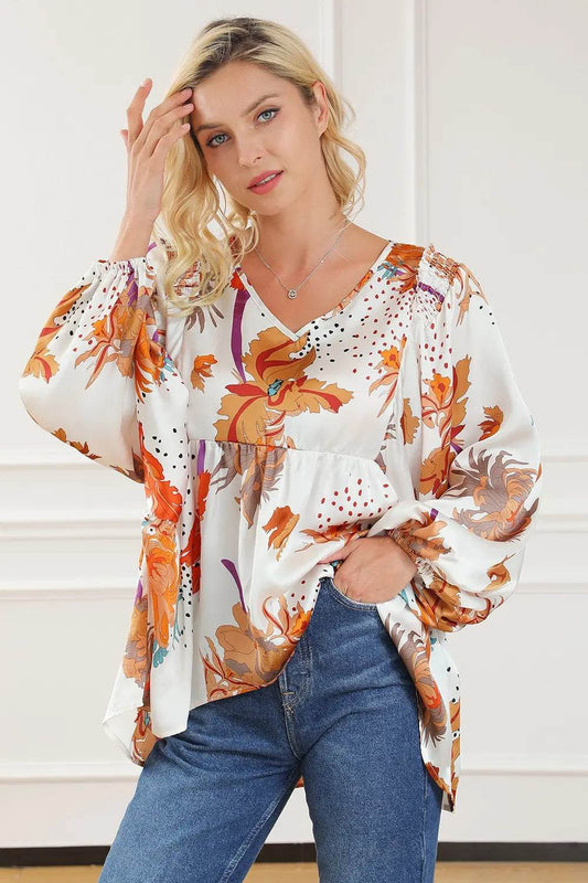 Printed V-Neck Smocked Balloon Sleeve Blouse White Trendsi 0c23dcb0634246788002d090ea8a9d2e-Max